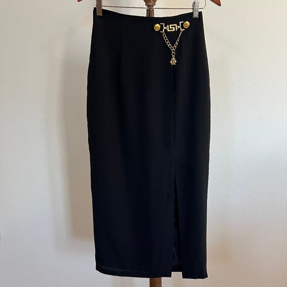 Top World Size M Black Gold-Tone Chain-Link Embellished Front Slit Maxi Skirt - Picture 1 of 8